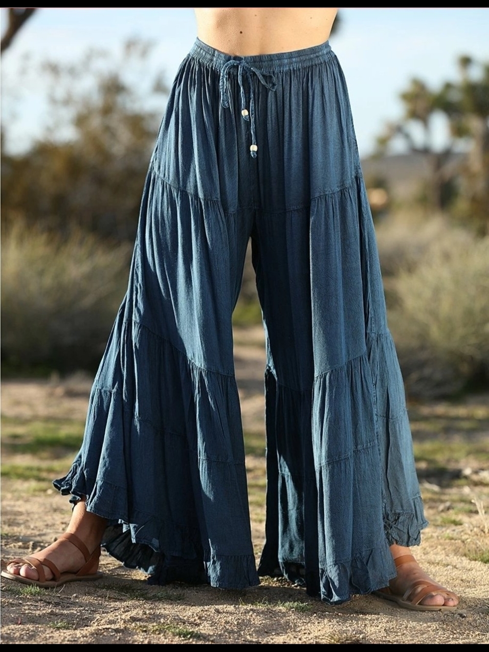 ANA-K Ananda’s Collection | Blue Tiered Tie-Waist Palazzo Pants – Women